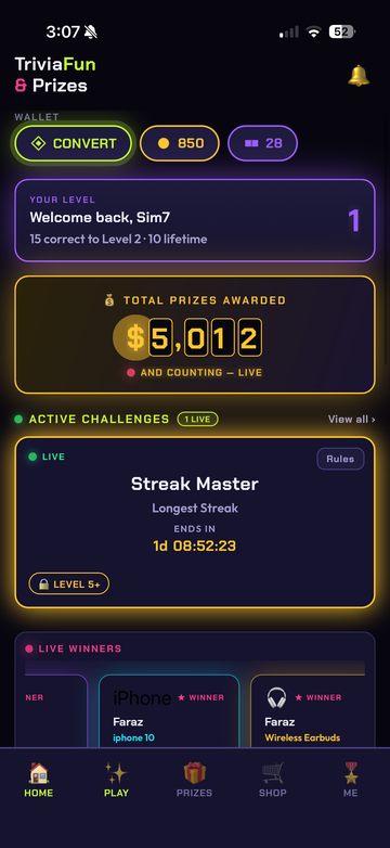 TriviaFun Home Screen